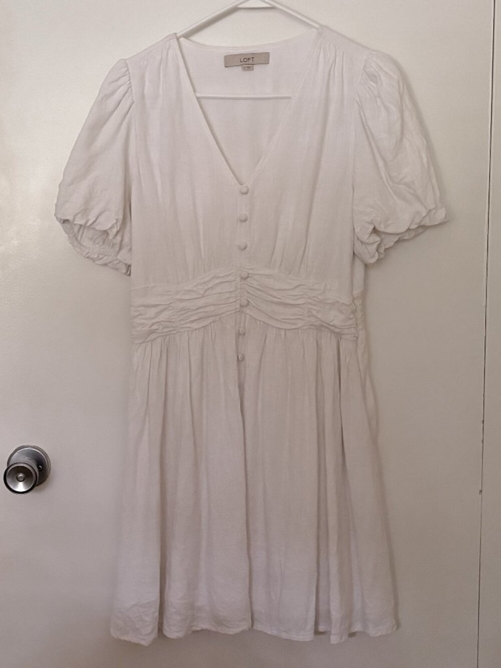 Loft White V-Neck Dress with Puff Sleeves